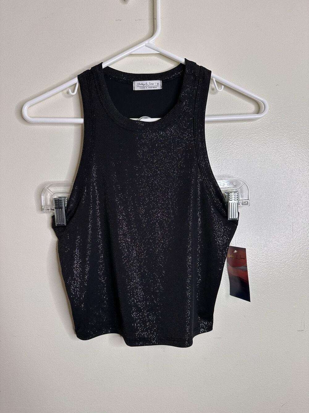 Haley & June Black Silver Metallic Flecks Ribbed Tank Top NEW Size Medium Croppe